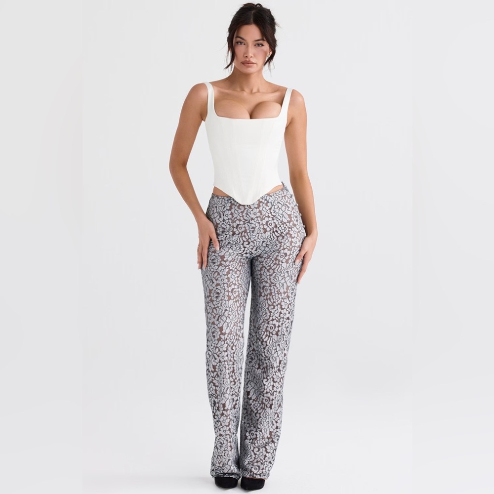 House of CB White Corset Top with Gray Leopard Print Trousers